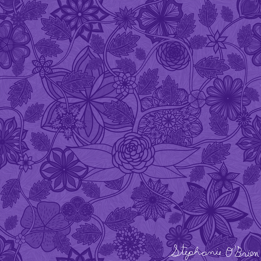 A garden of fantastical flowers in shades of purple.