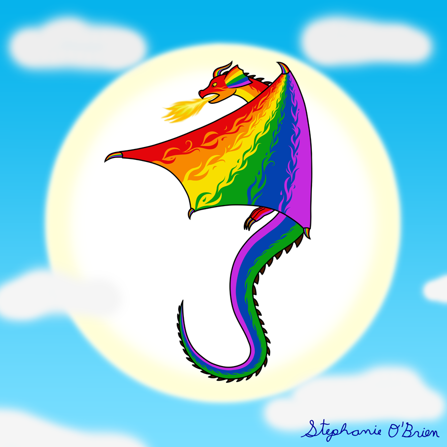 A fire-breathing dragon flies in front of the sun, its scales bearing the colors of the LGBTQ pride flag.