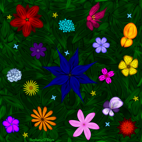 An assortment of flowers on a bed of leaves.