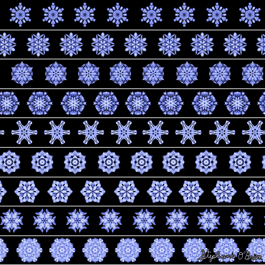 Rows of blue-white snowflakes on a black background.