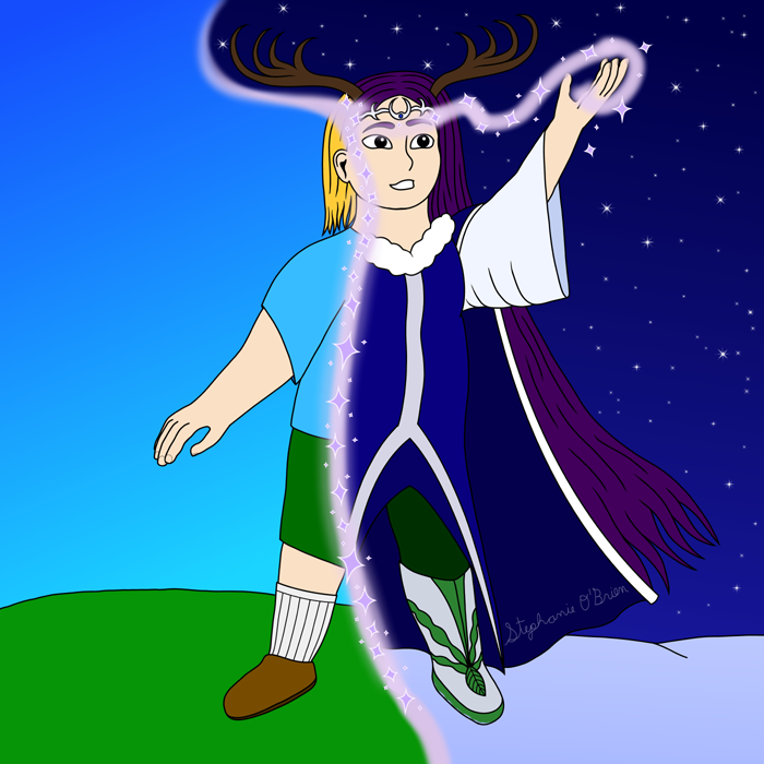 A blonde girl with a sky-blue T-shirt, green shorts, and brown shoes stands on a sunny hill. She’s casting a spell that’s transformed one side of her into an antlered, purple-haired fae, with a blue cape and winter coat, green leggings, and a silver boot with leafy green decorations.