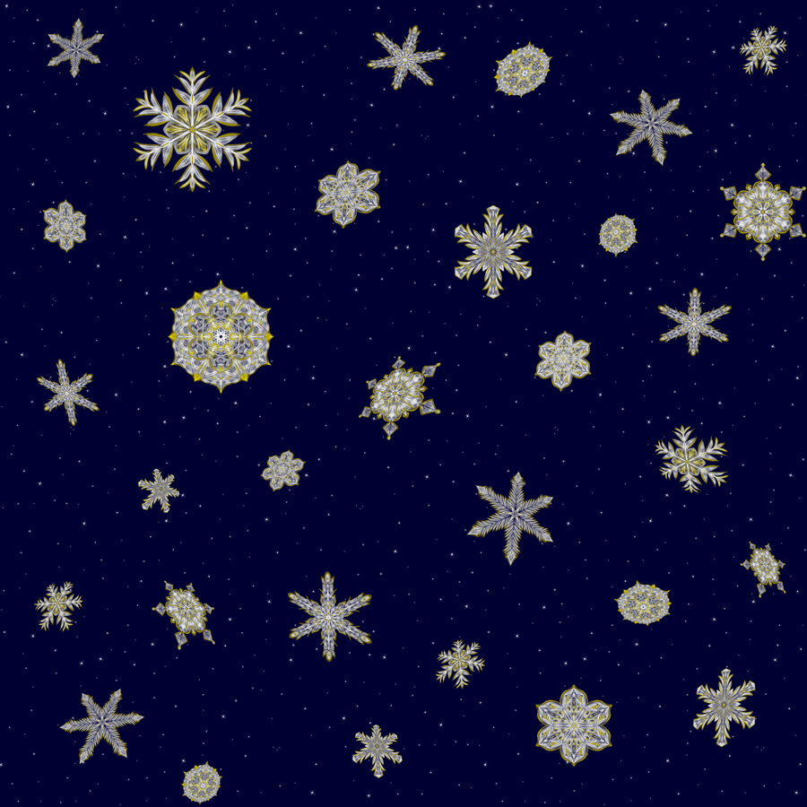 A scattering of white snowflakes gilded with gold, drifting in a starry night sky.