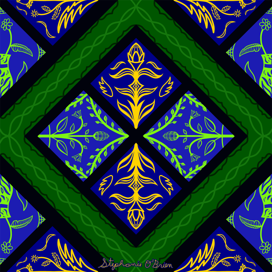 A diamond-shaped floral tile pattern in green, gold and blue.