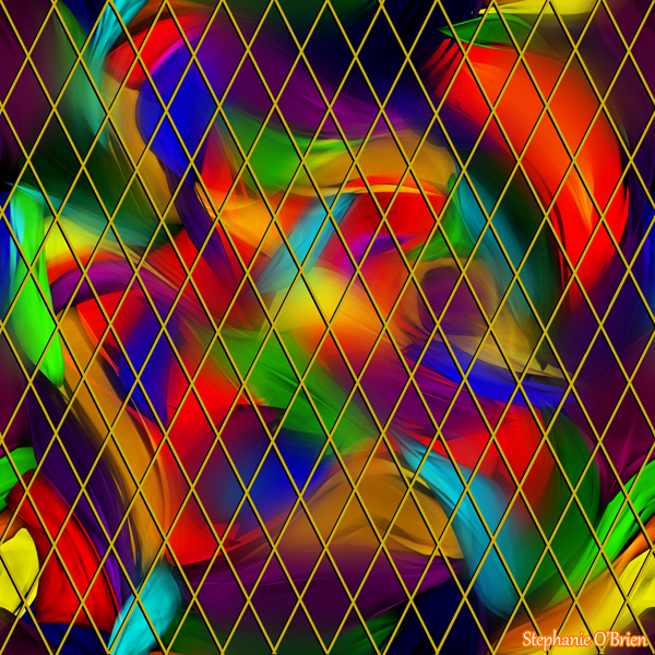 A chaotic swirl of rainbow shapes behind a diamond-shaped golden lattice.