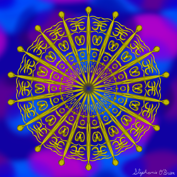 An abstract, symmetrical golden symbol with a dappled, cloudy blue, pink and purple background.