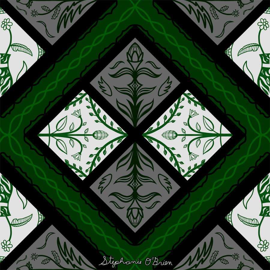 A diamond-shaped floral tile pattern in green, grey and white.