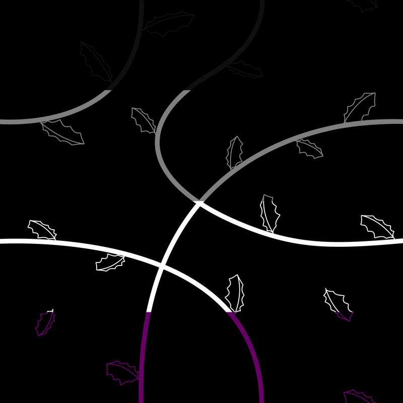 A black background covered with vines and jagged leaves in the colors of the asexual flag