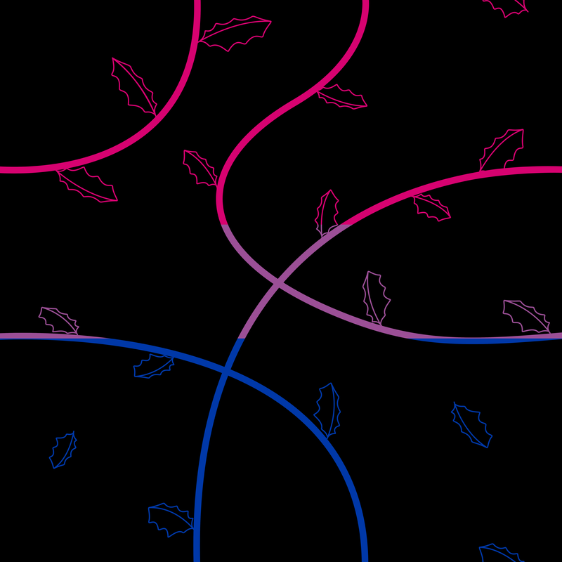 A black background covered with vines and jagged leaves in the colors of the bisexual flag
