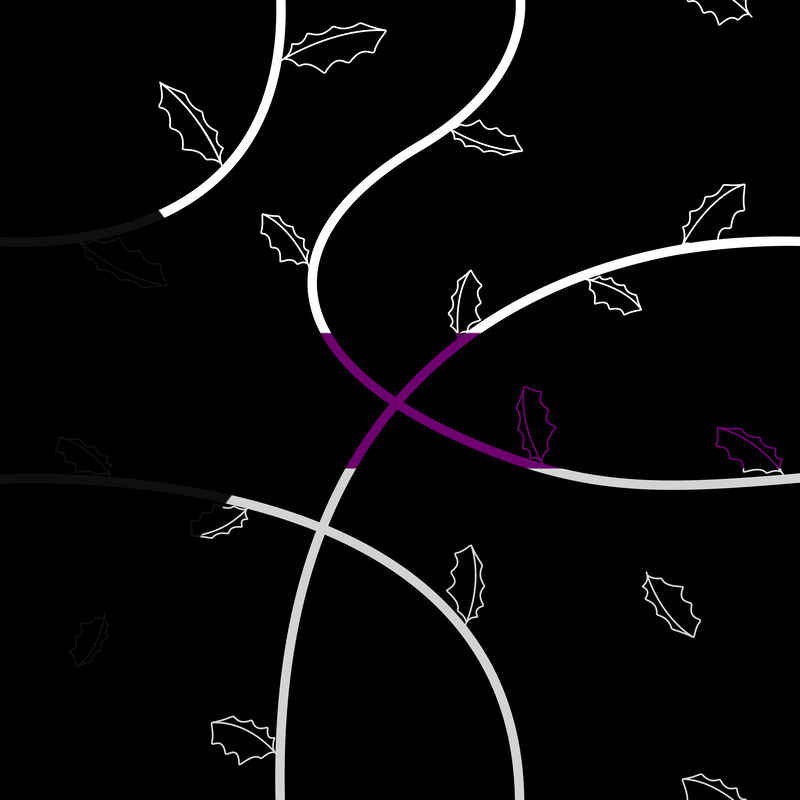 A black background covered with vines and jagged leaves in the colors of the demisexual flag