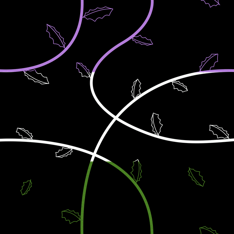 A black background covered with vines and jagged leaves in the colors of the genderqueer flag
