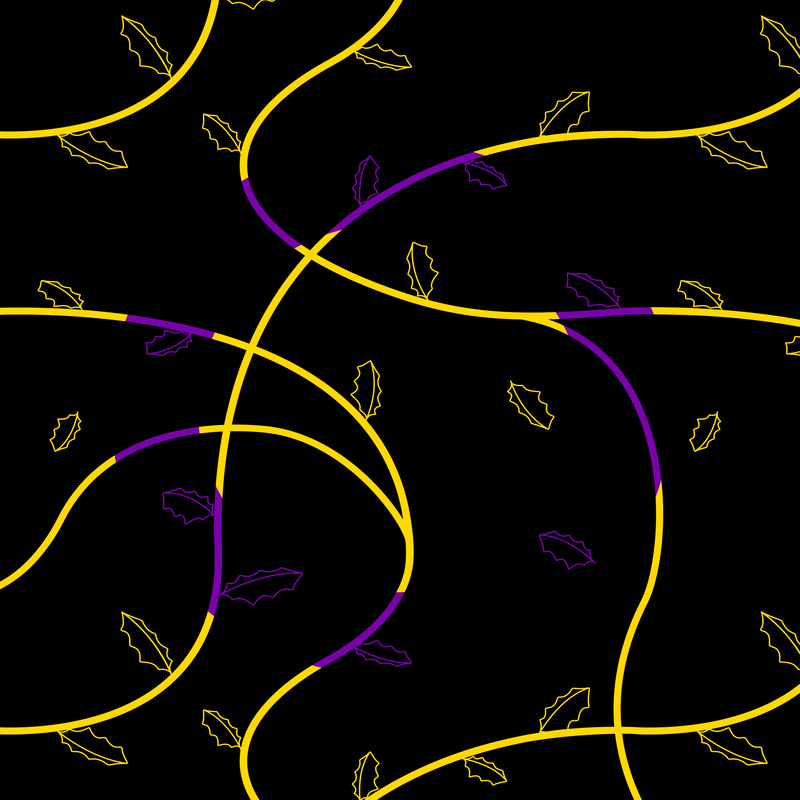 A black background covered with vines and jagged leaves in the colors of the intersex flag