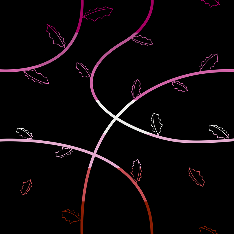 A black background covered with vines and jagged leaves in the colors of the lesbian flag