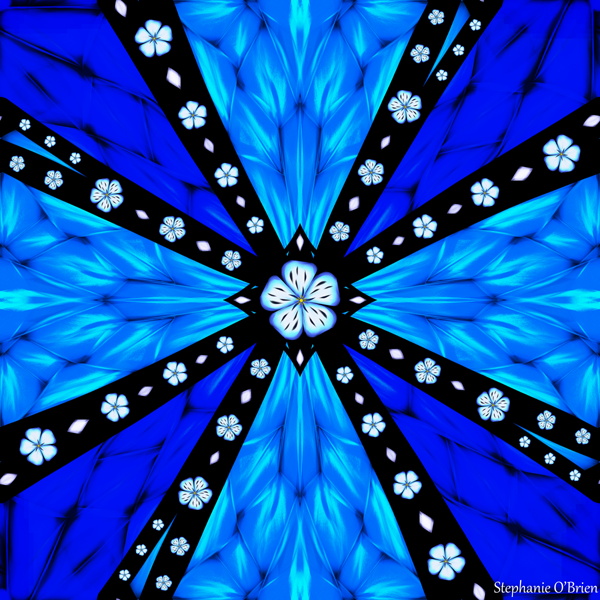 A blue stained glass image, divided into darker and lighter areas by beams of black that radiate from the center. In the black areas, there's an alternating pattern of diamonds and blue-white flowers.