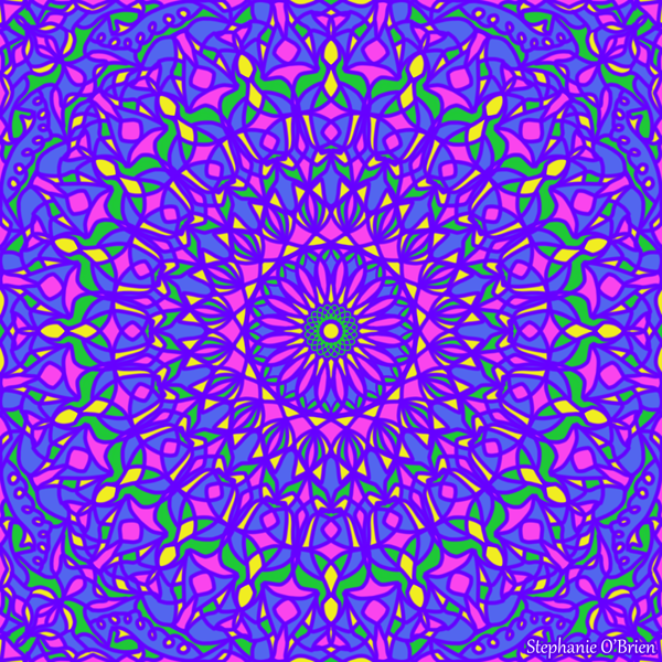 An abstract, symmetrical circular pattern of pastel pink, yellow, green and violet.