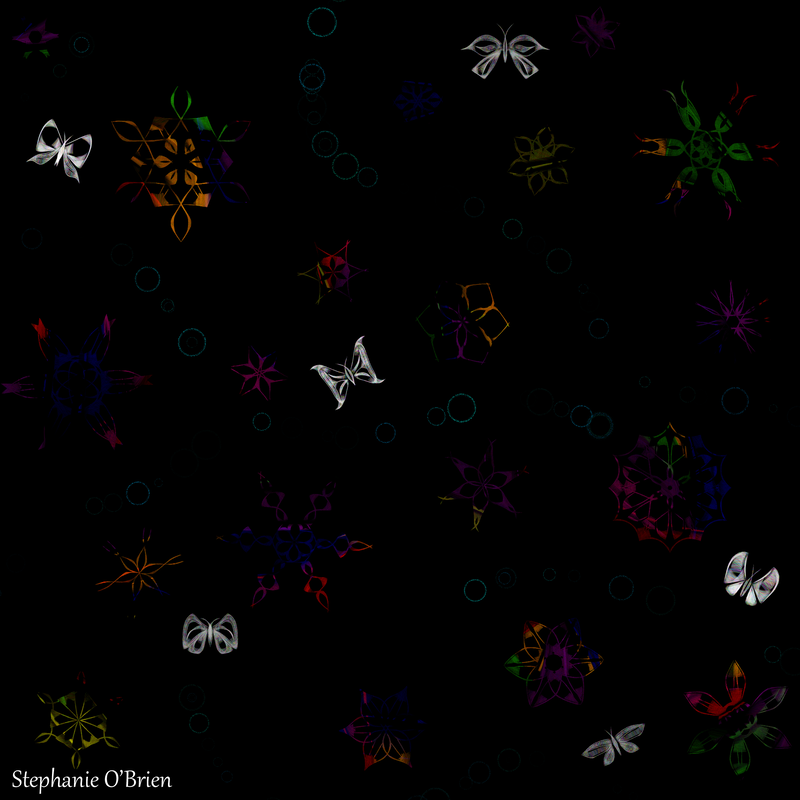 An assortment of white butterflies and multicolored snowflake-like flowers on a black background.