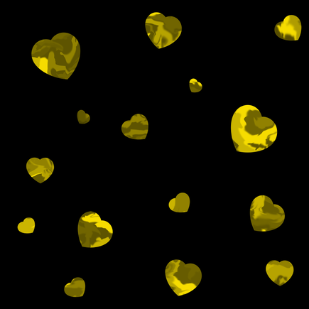 A scattering of dappled yellow hearts on a black background.