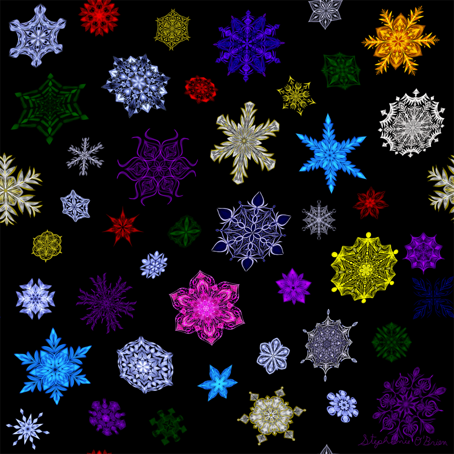 A variety of colored snowflakes on a black background.