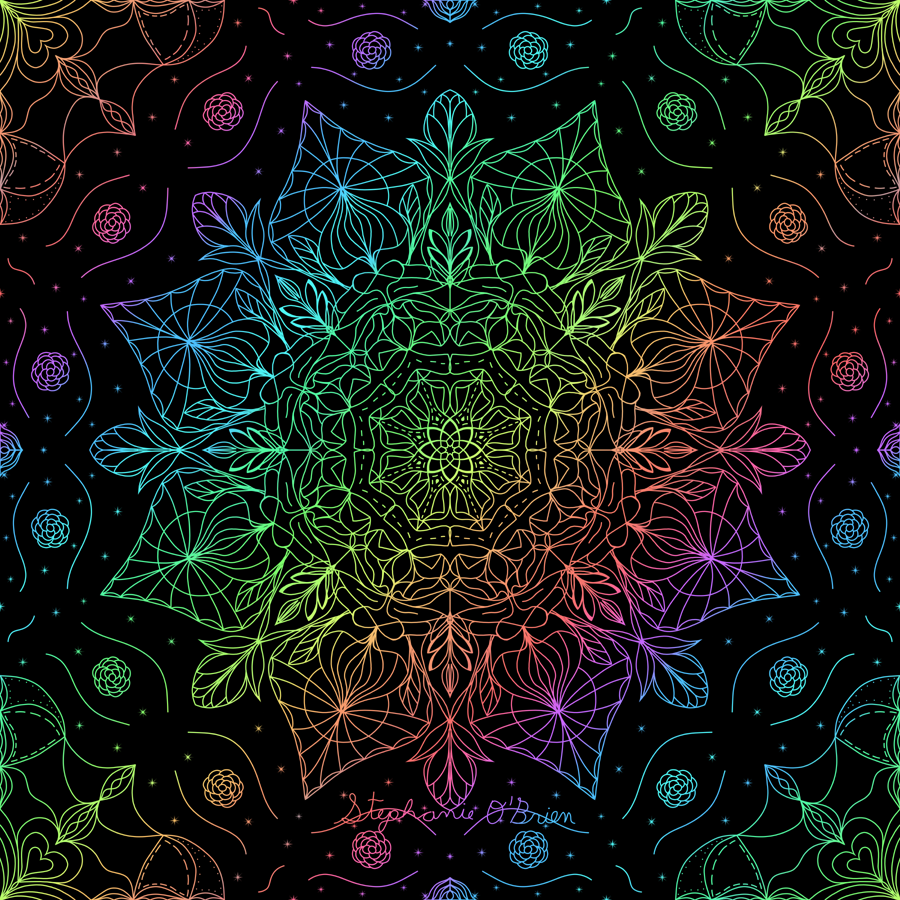 A symmetrical snowflake-like pattern in a pastel gradient, on a black background.