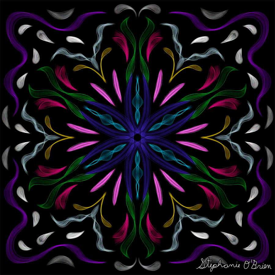 A multicolored, symmetrical piece of abstract art.