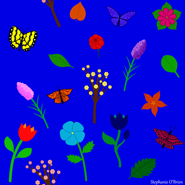 An assortment of flowers and butterflies on a blue background.