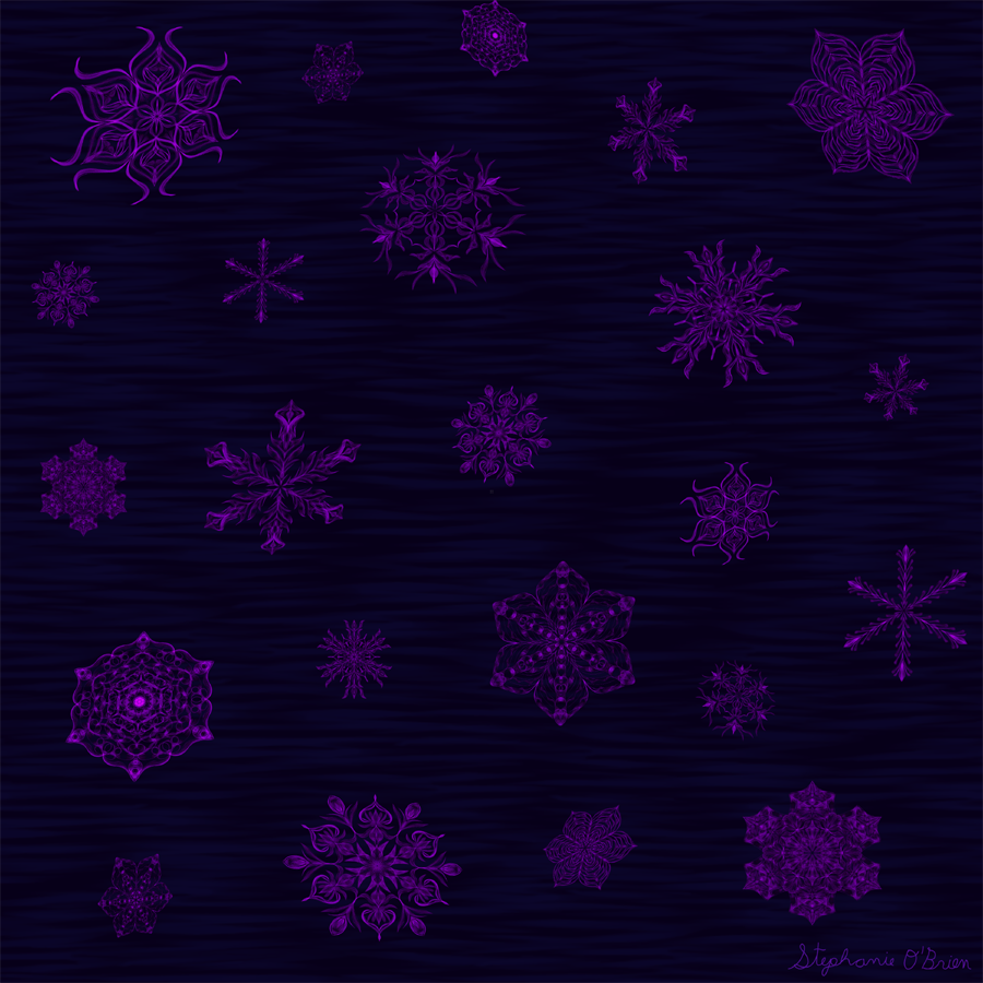 An assortment of dark purple snowflakes above a shadowy sea.