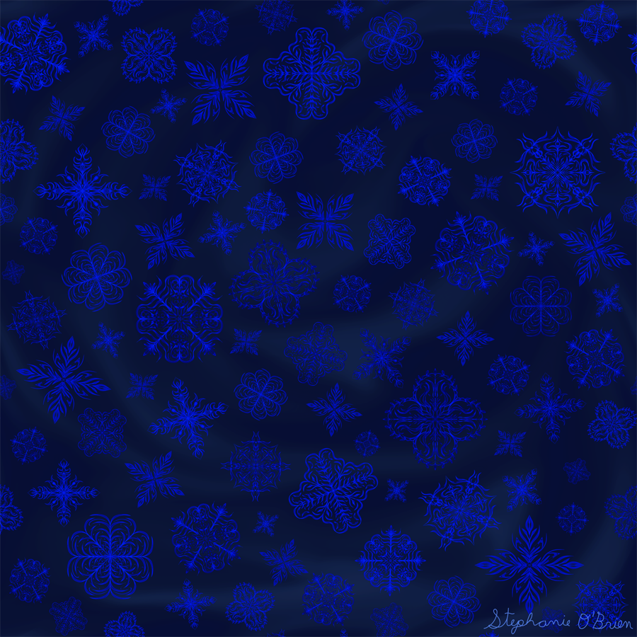 A collection of royal blue snowflakes on a black background.