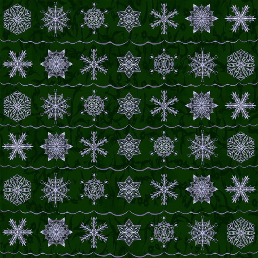 Rows of silver snowflakes on a forest green background.
