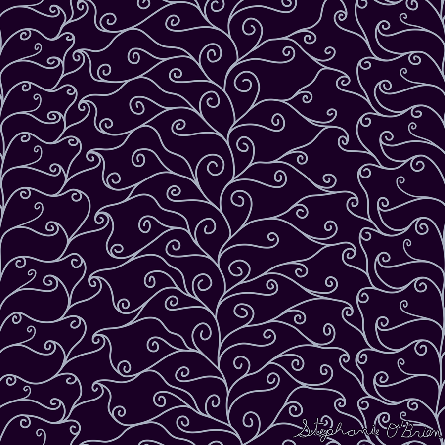 A complex weave of silver spirals on a dark purple background