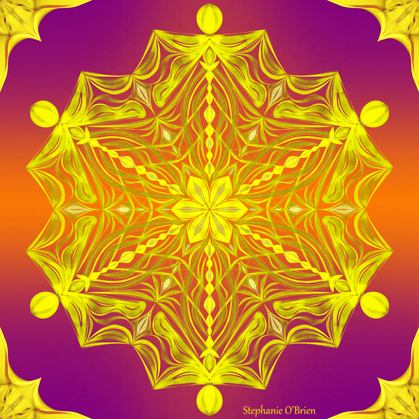 An intricate golden snowflake on a vivid orange and purple background.