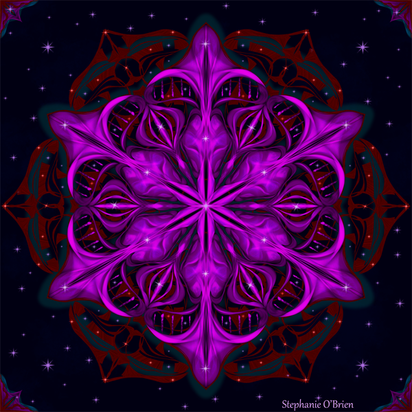 A purple, red and green snowflake in a starry night sky.