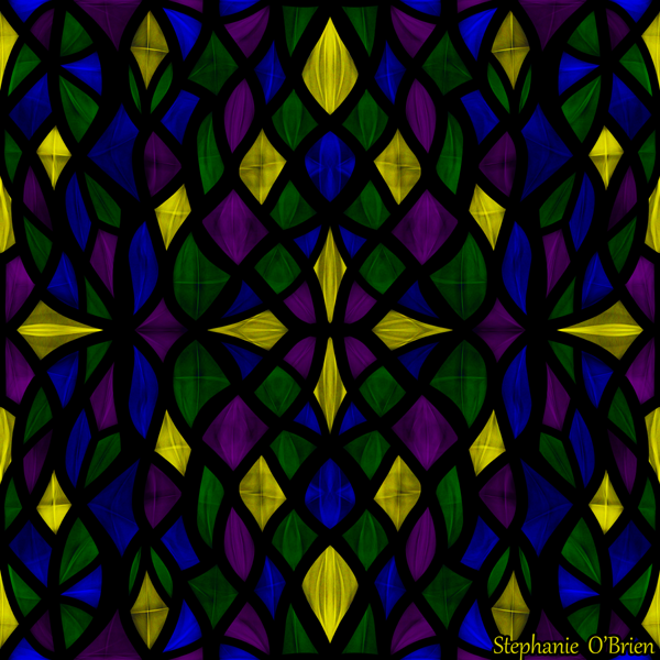 An abstract pattern of blue, green, purple and golden stained glass scales
