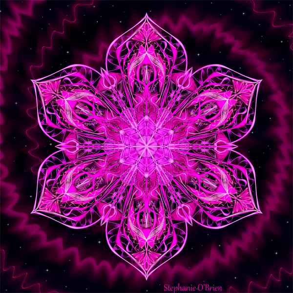 An intricate pink snowflake in a starry sky, with jagged trails of energy spiraling away from it.