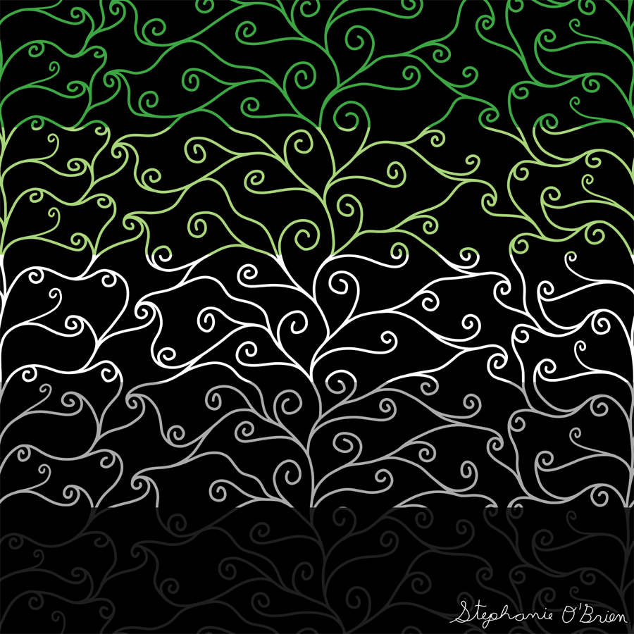 A complex weave of spirals in the colors of the aromantic flag, on a black background.