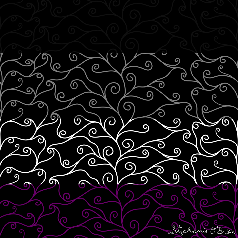 A complex weave of spirals in the colors of the asexual flag, on a black background.