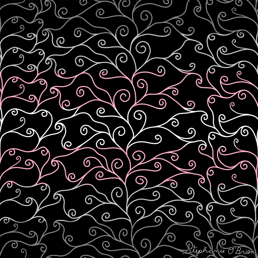 A complex weave of spirals in the colors of the demigirl flag, on a black background.