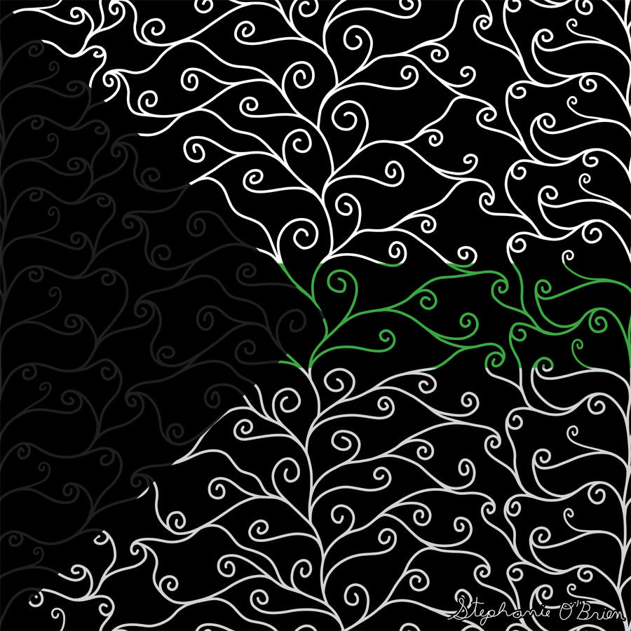 A complex weave of spirals in the colors of the demiromantic flag, on a black background.
