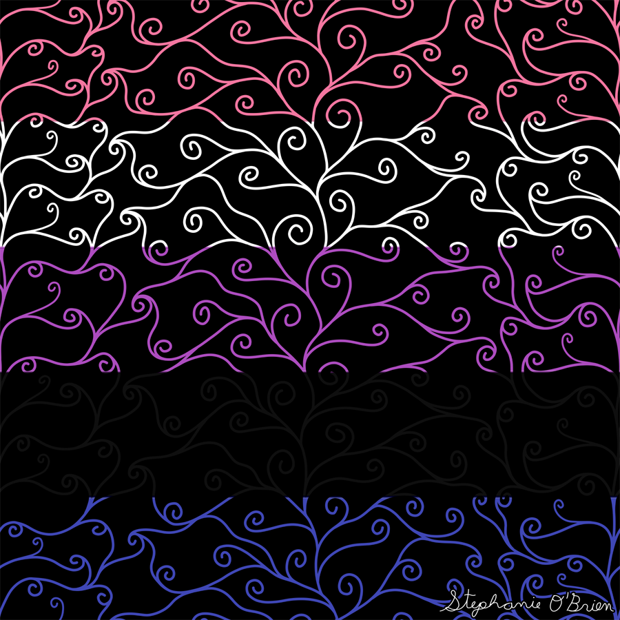 A complex weave of spirals in the colors of the genderfluid flag, on a black background.