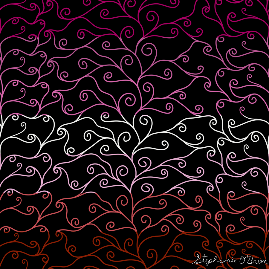 A complex weave of spirals in the colors of the lesbian flag, on a black background.