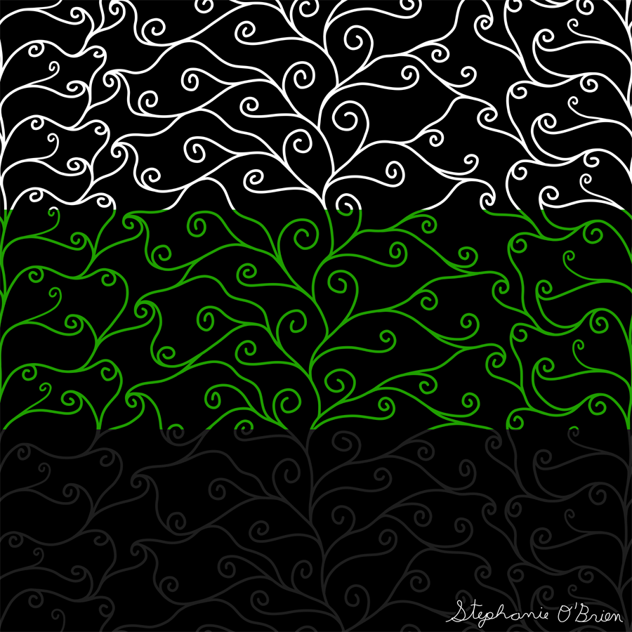 A complex weave of spirals in the colors of the neutrois flag, on a black background.