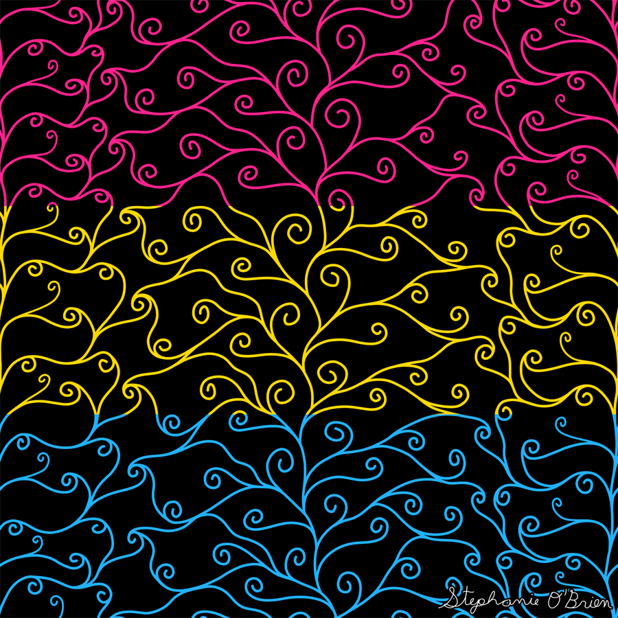 A complex weave of spirals in the colors of the pansexual flag, on a black background.