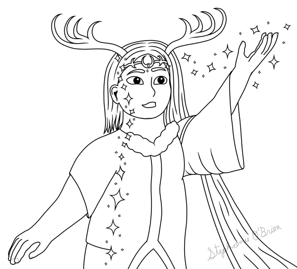 Lineart of a girl casting a spell that sends a vertical line of sparkles across her body. On the left side of the sparkles, she’s wearing short hair, a T-shirt, and pants. On the right side, she has long hair, antlers, a cape, and a winter coat with a long, loose-hanging sleeve.