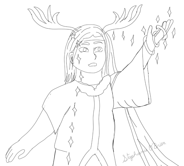 A rough sketch of a girl casting a spell that sends a vertical line of sparkles across her body. On the left side of the sparkles, she’s wearing short hair, a T-shirt, and pants. On the right side, she has long hair, antlers, a cape, and a winter coat with a long, loose-hanging sleeve.