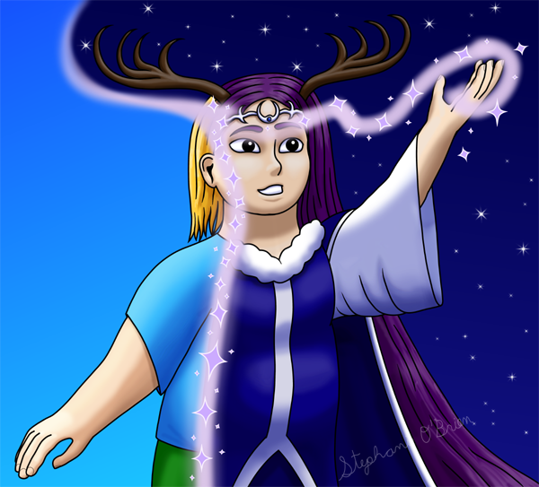 A blonde girl with a sky-blue T-shirt and green pants in front of a sunny sky. She’s casting a spell that’s transformed one side of her into an antlered, purple-haired fae standing amid a night sky, with a blue cape and a winter coat that has a long, loose white sleeve.