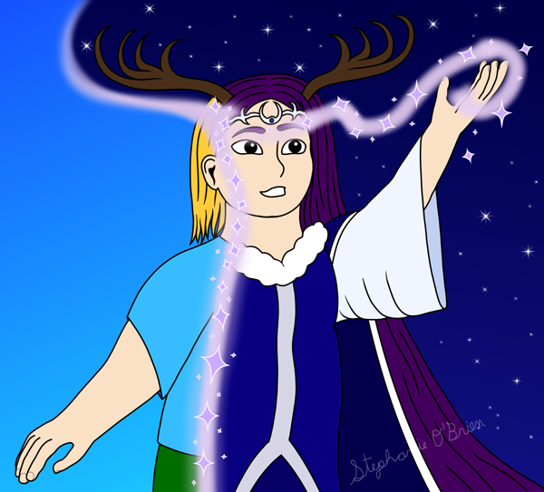 A blonde girl with a sky-blue T-shirt and green pants in front of a sunny sky. She’s casting a spell that’s transformed one side of her into an antlered, purple-haired fae standing amid a night sky, with a blue cape and a winter coat that has a long, loose white sleeve.