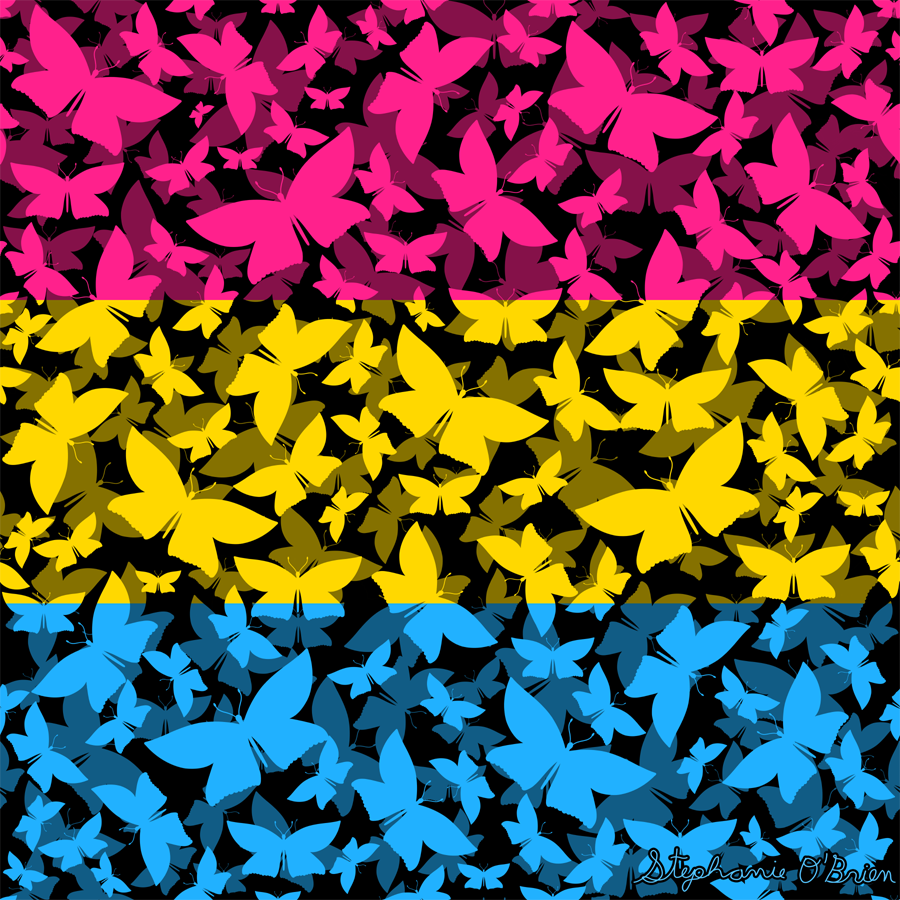 A cloud of butterflies in the colors of the pansexual flag.