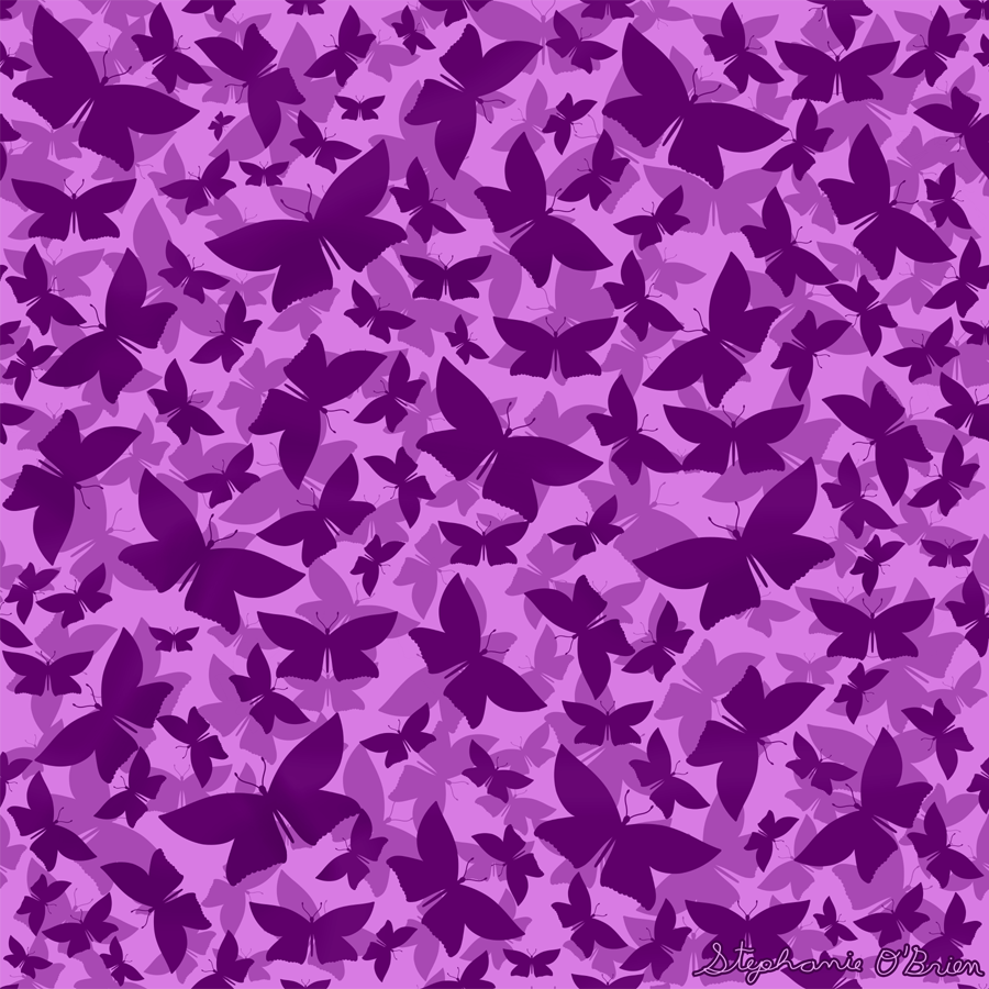 A cloud of butterflies in shades of purple.