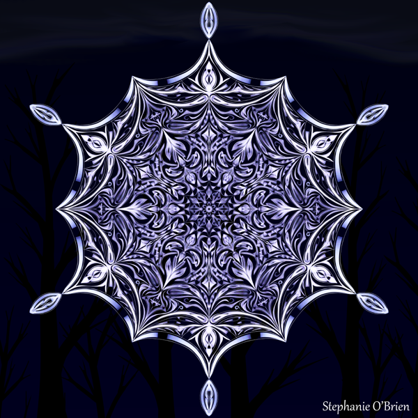 An intricate white snowflake on a background of dark blue sky and black trees.